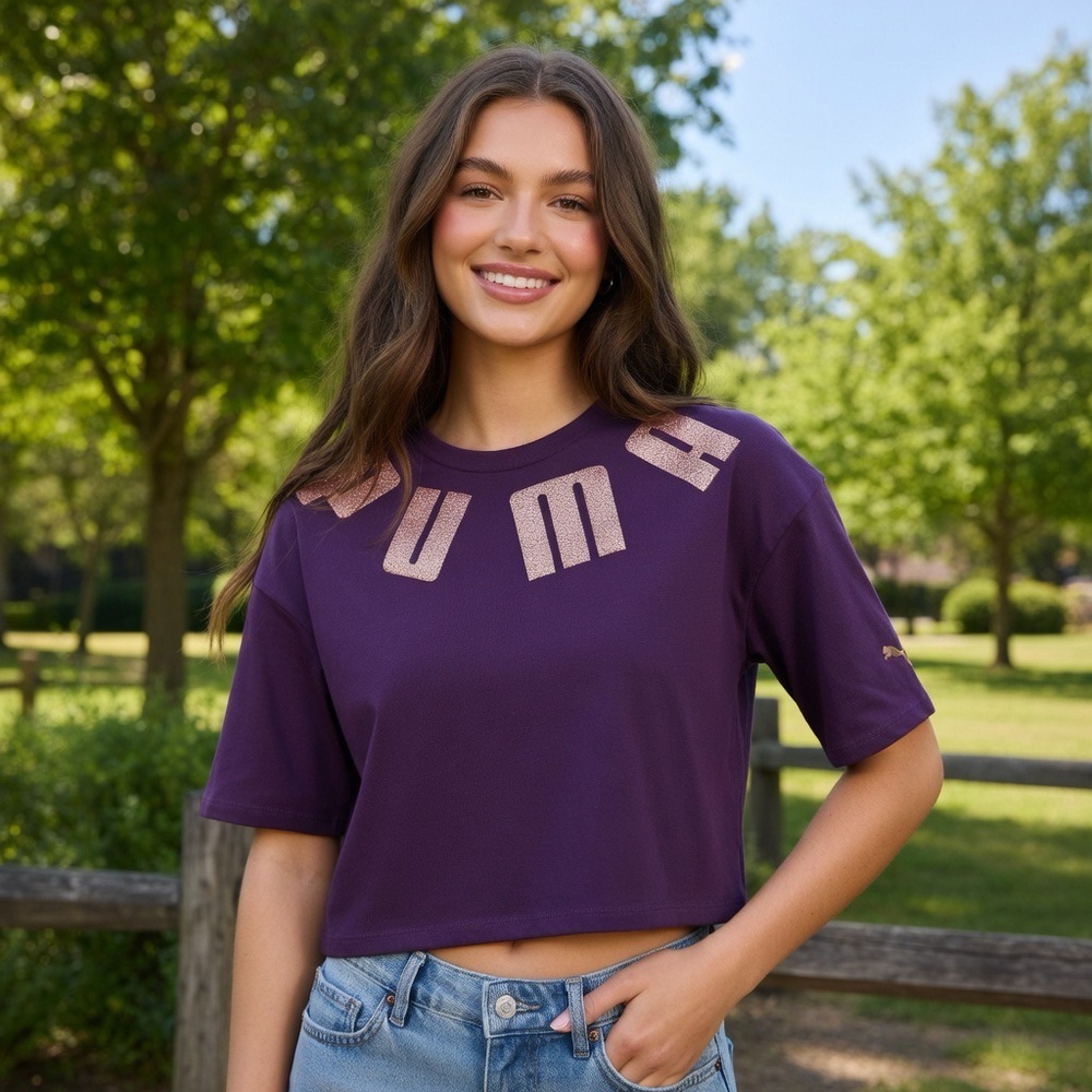 Puma Girls Purple Crop Top Rose Gold Letters Logo Size L (12-14)